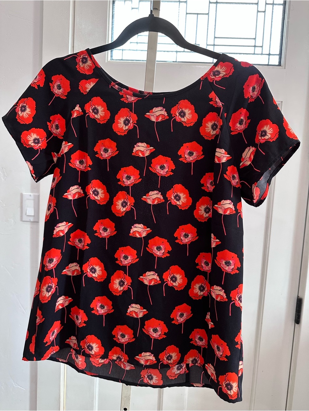 CAbi Black Short-Sleeve Blouse with Red Floral Poppy Print